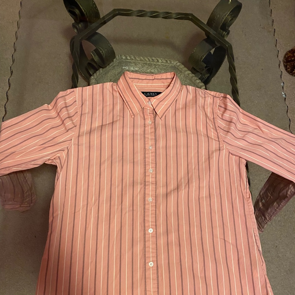 Womens Medium Lauren by Ralph Lauren pink dress shirt white and black stripes